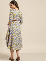 Grey Floral High Low Dress with PU Belt