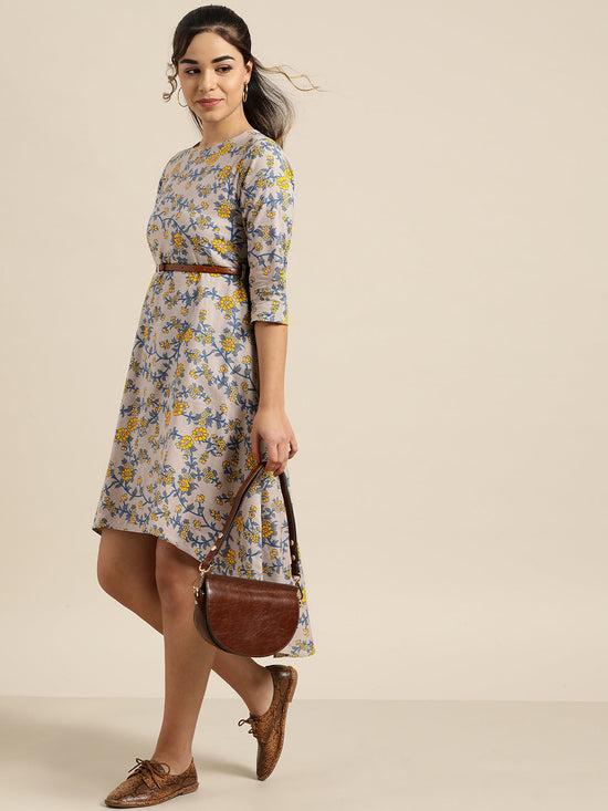 Grey Floral High Low Dress with PU Belt