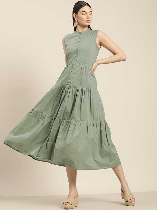 Olive Sleeveless Tiered Dress