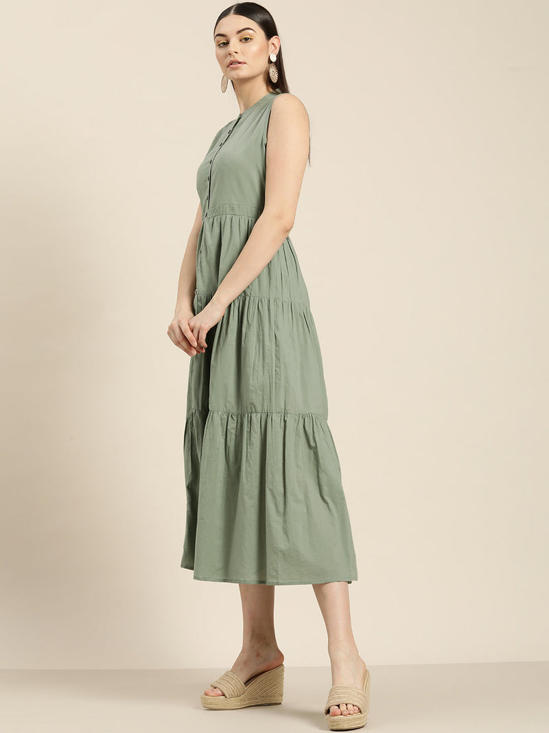 Olive Sleeveless Tiered Dress