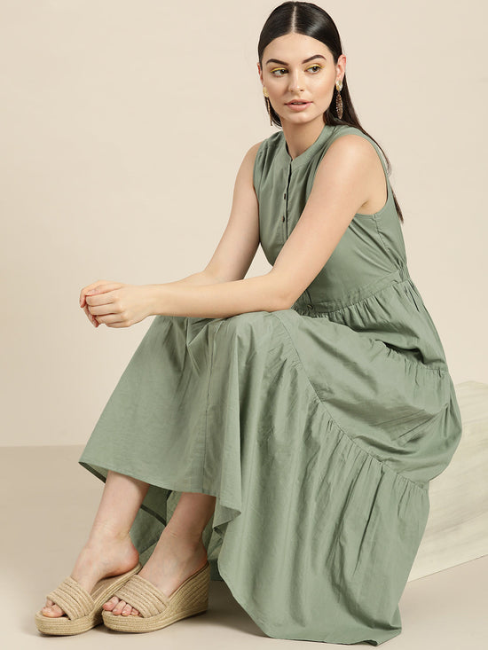 Olive Sleeveless Tiered Dress