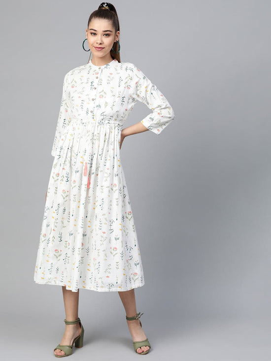 White Floral Drawstring Dress