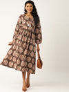 Brown Paisely Bishop Sleeve Midi Dress