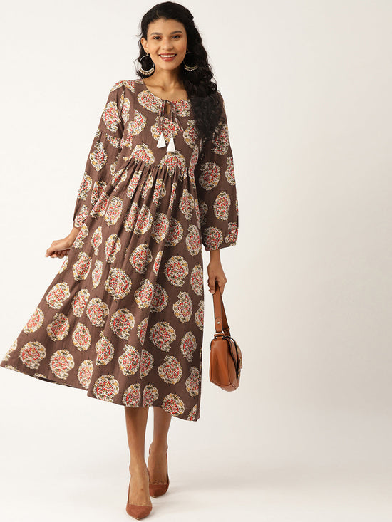 Brown Paisely Bishop Sleeve Midi Dress