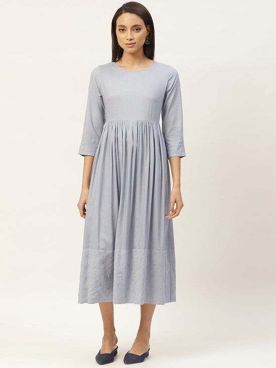 Grey Schiffli Gathered Midi Dress