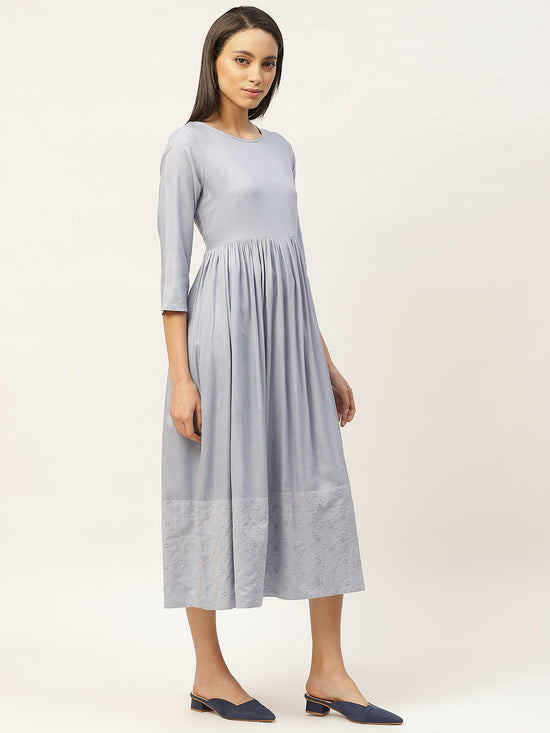 Grey Schiffli Gathered Midi Dress