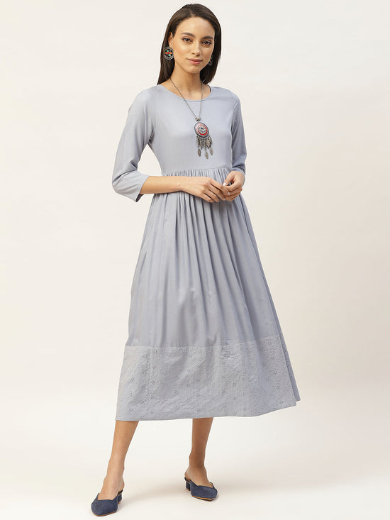 Grey Schiffli Gathered Midi Dress