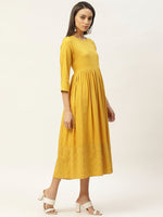 Mustard Schiffli Gathered Midi Dress