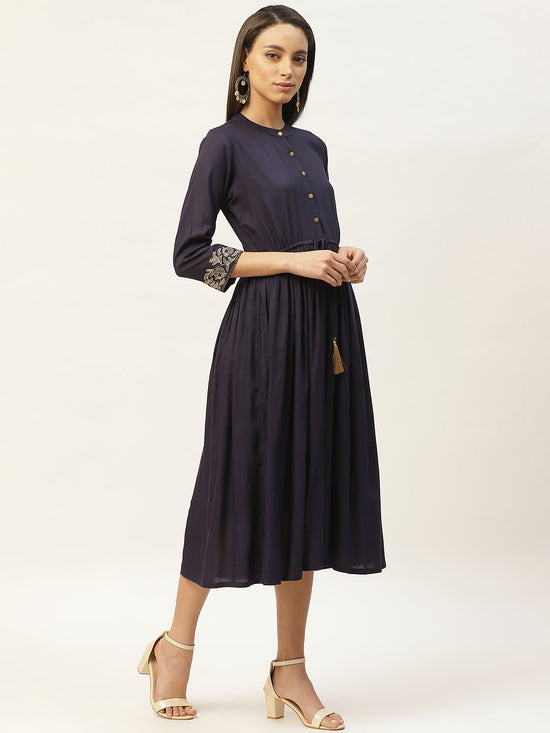 Navy Zari Floral Embroidery Drawstring Dress