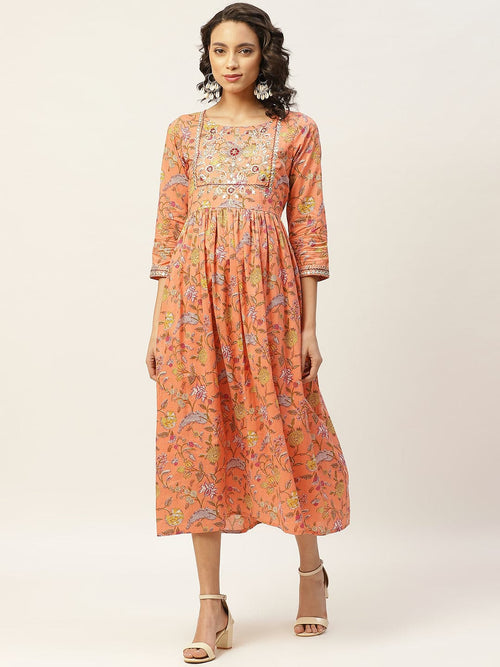 Peach Floral Zari Embroidery Gathered Dress