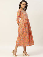 Peach Floral Zari Embroidery Gathered Dress