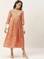 Peach Floral Zari Embroidery Gathered Dress