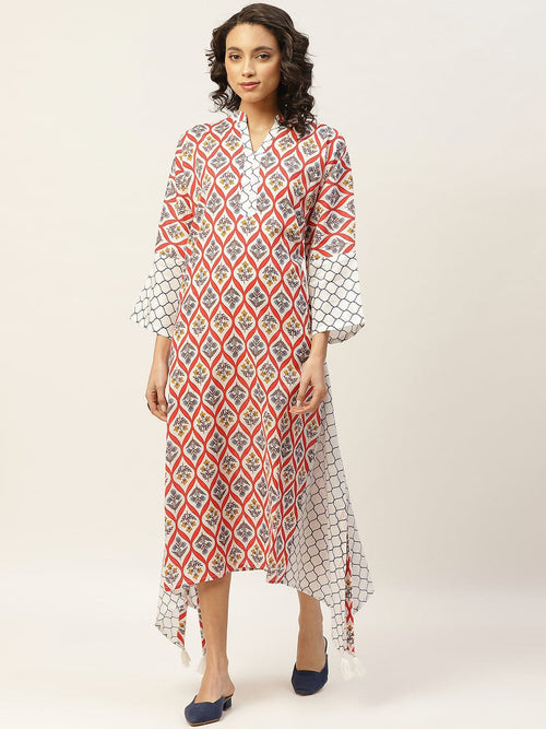 Red Floral Neck Band Kaftan