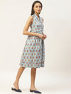 Blue Floral Shawl Collar Front Open Dress
