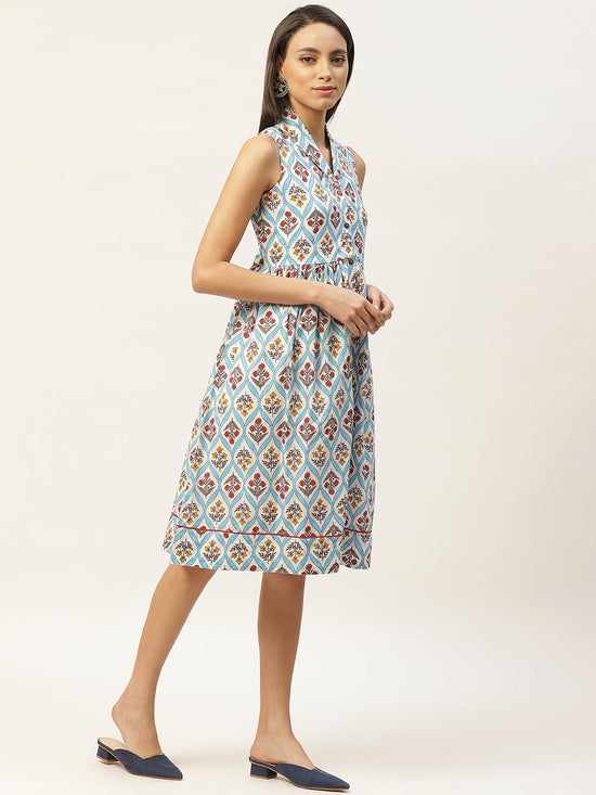 Blue Floral Shawl Collar Front Open Dress