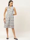 Blue Floral Shawl Collar Front Open Dress