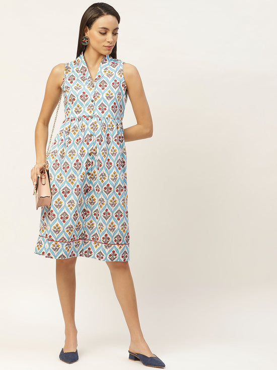 Blue Floral Shawl Collar Front Open Dress