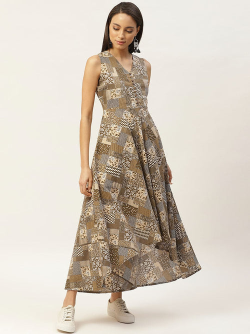 Brown Floral High Low Flared Maxi Dress