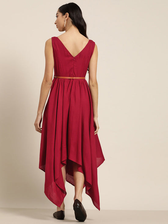 Maroon Asymmetric Belted Dress