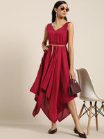 Maroon Asymmetric Belted Dress