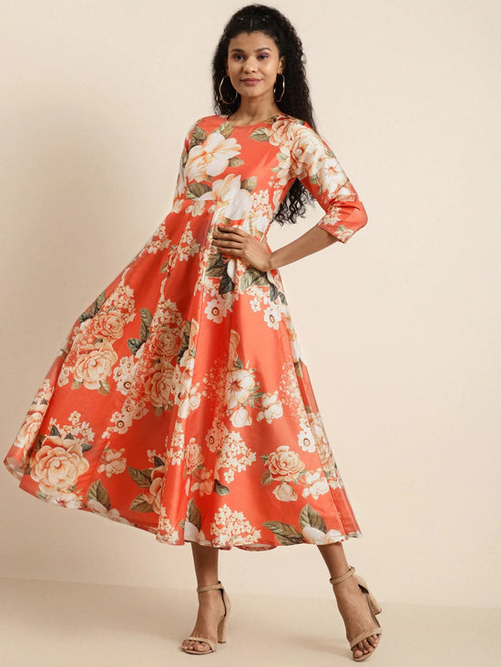 Orange Floral PolySilk Anarkali Maxi