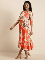 Orange Floral PolySilk Anarkali Maxi