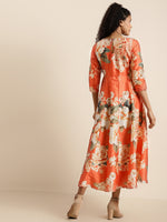 Orange Floral PolySilk Anarkali Maxi