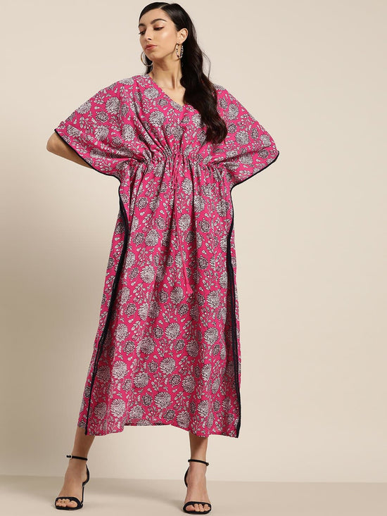 Fuchsia Floral Channel Drawstring Kaftan Dress