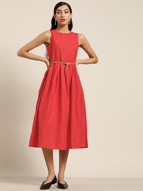 Red Sleeveless Box Pleat Midi Dress