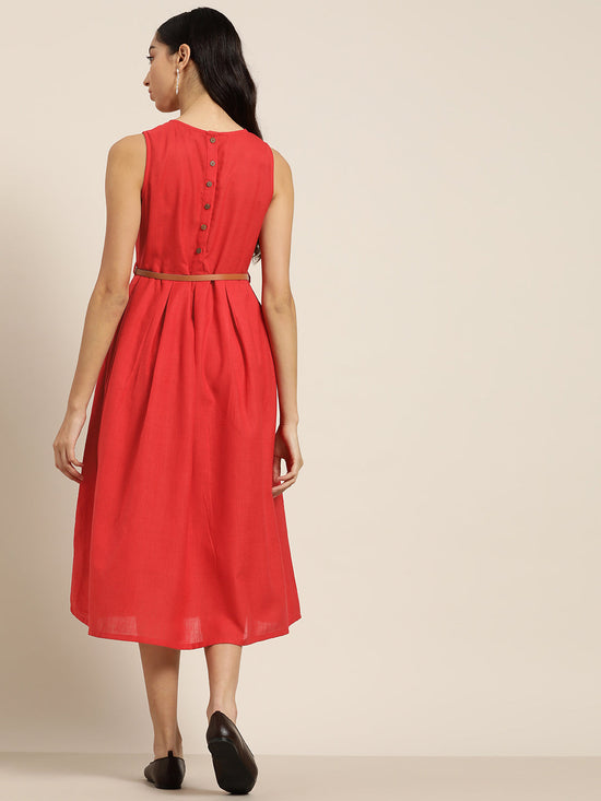 Red Sleeveless Box Pleat Midi Dress