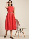 Red Sleeveless Box Pleat Midi Dress