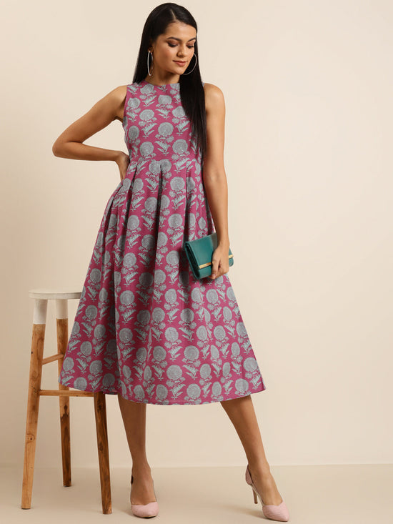 Pink Floral Sleeveless Box Pleat Midi Dress