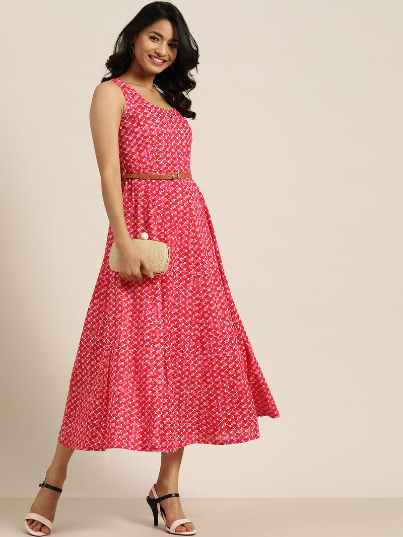 Pink Scallop Print Sleeveless Anarkali Dress