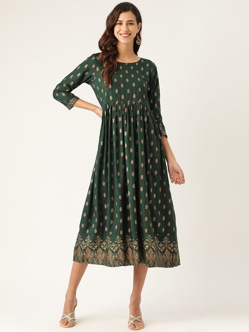 Emerald Booti Floral Border Print Gathered Dress