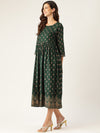 Emerald Booti Floral Border Print Gathered Dress