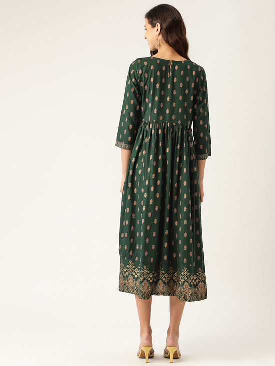 Emerald Booti Floral Border Print Gathered Dress