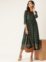 Emerald Booti Floral Border Print Gathered Dress