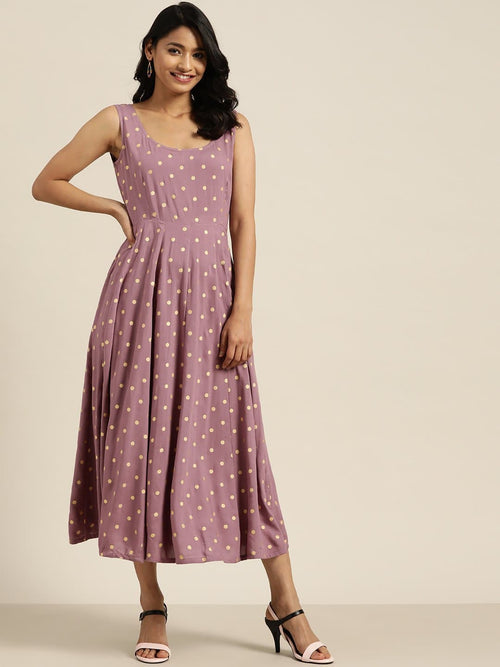 Lavender Foil Print Sleeveless Anarkali Dress