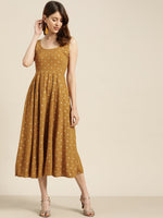 Mustard Foil Print Sleeveless Anarkali Dress