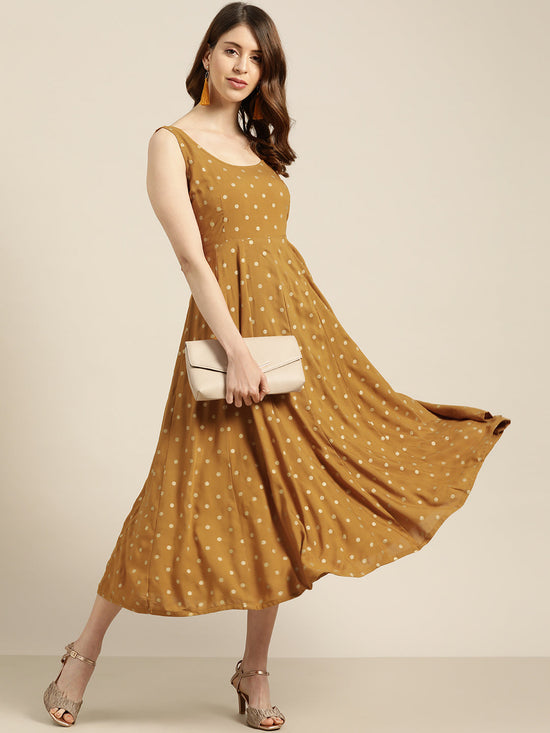 Mustard Foil Print Sleeveless Anarkali Dress