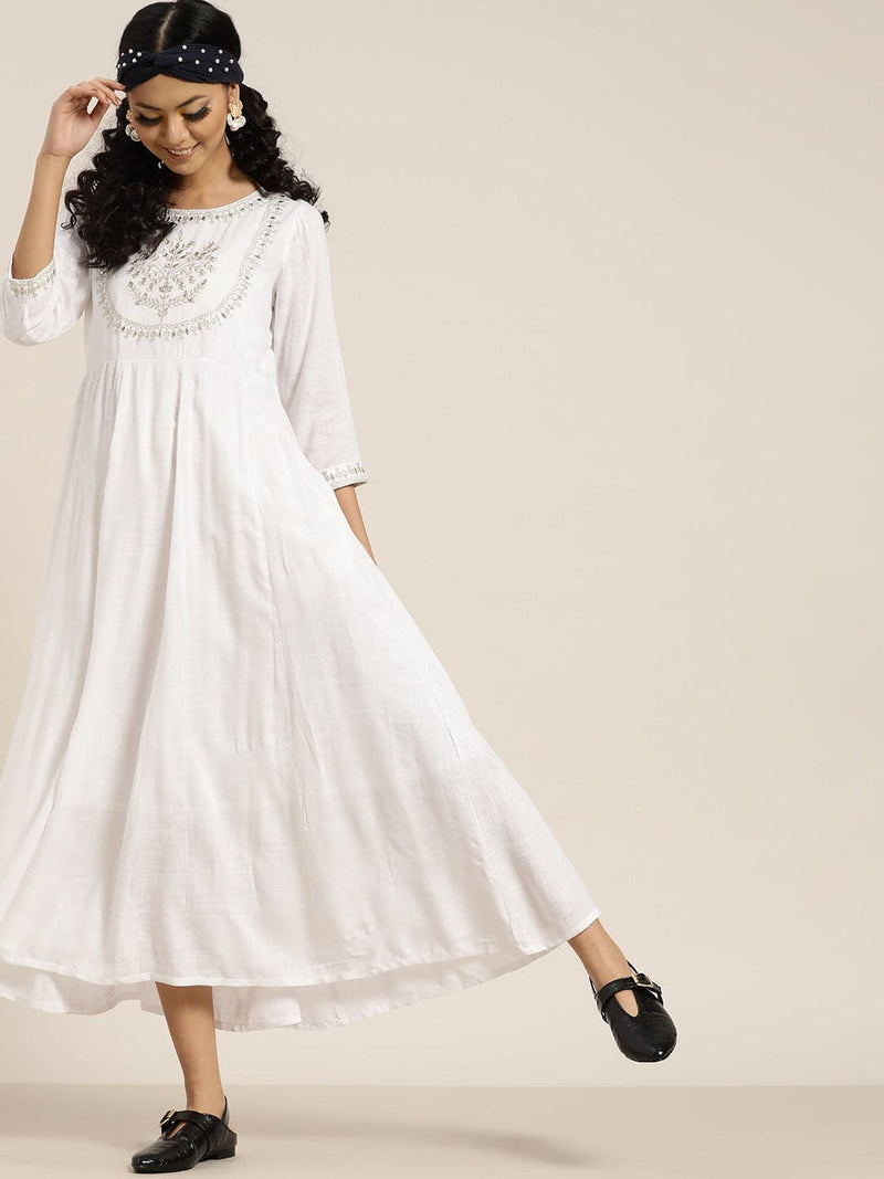 Women White Zari Embroidery Anrakali Maxi Dress
