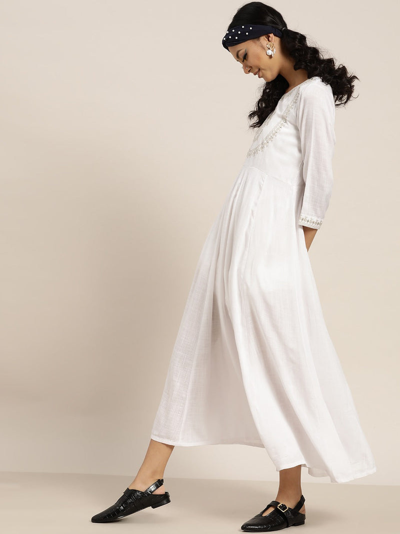 Women White Zari Embroidery Anrakali Maxi Dress