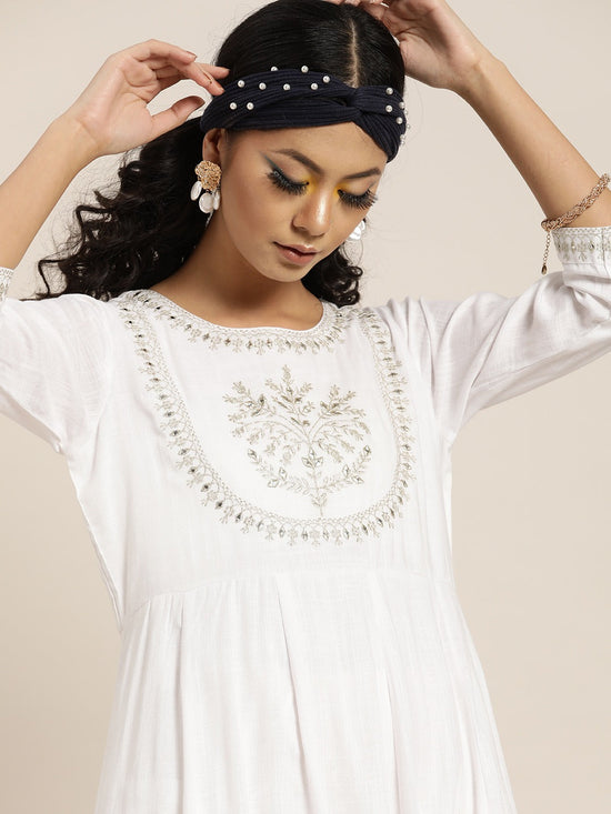 Women White Zari Embroidery Anrakali Maxi Dress