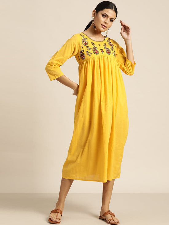 Yellow Paisely Embroidered Gathered Dress