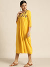 Yellow Paisely Embroidered Gathered Dress