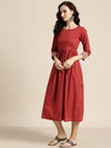 Maroon Cuff Embroidered Gathered Dress