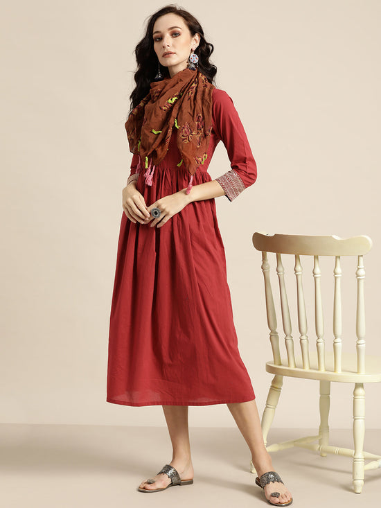 Maroon Cuff Embroidered Gathered Dress