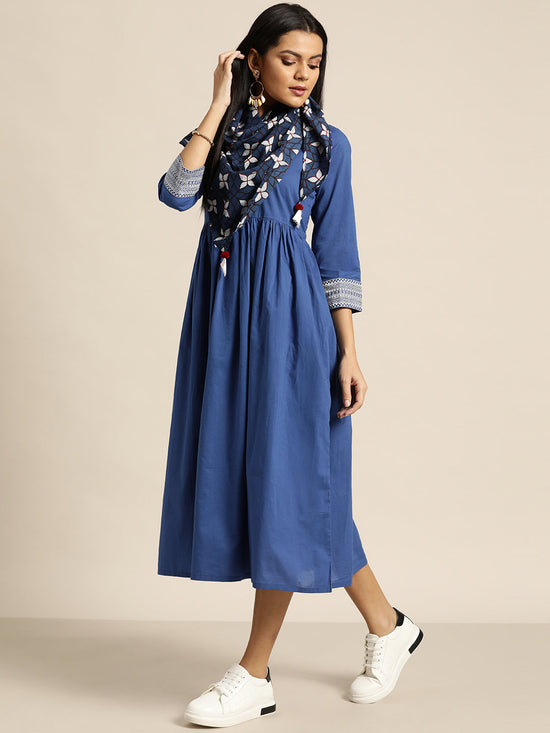 Royal Blue Cuff Embroidered Gathered Dress