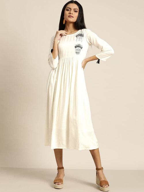 Off White Face Motif Embroidered Liva Dress