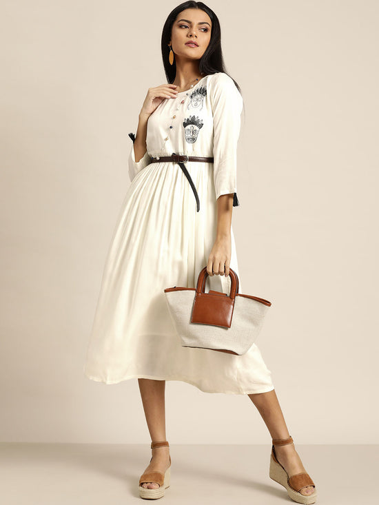 Off White Face Motif Embroidered Liva Dress